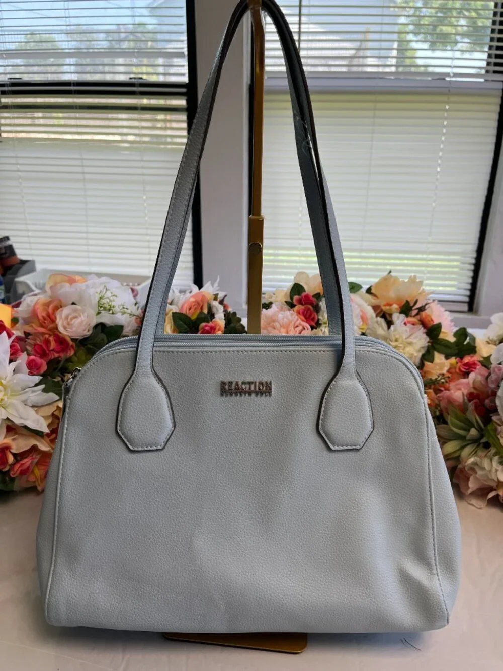 Kenneth Cole Reaction Light Blue Double Zip Shoulder Tote Handbag Faux Leather